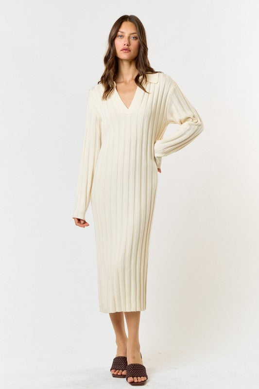 Cream V-Neck Ribbed Sweater Dress