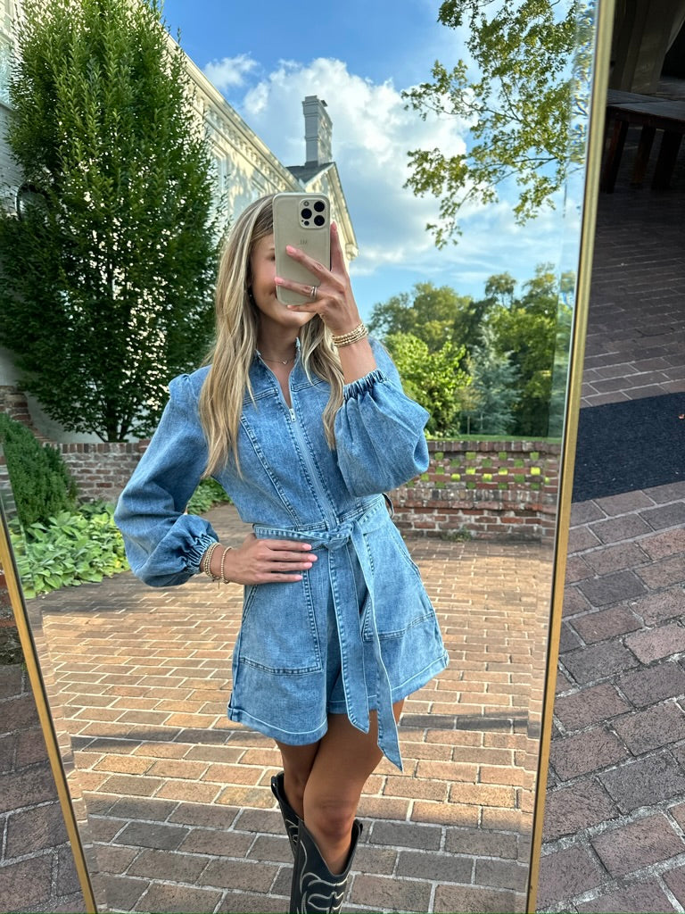 Long Sleeve Belted Denim Romper