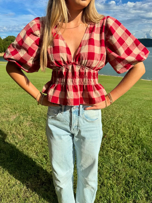 Red Gingham Bubble Sleeve Top