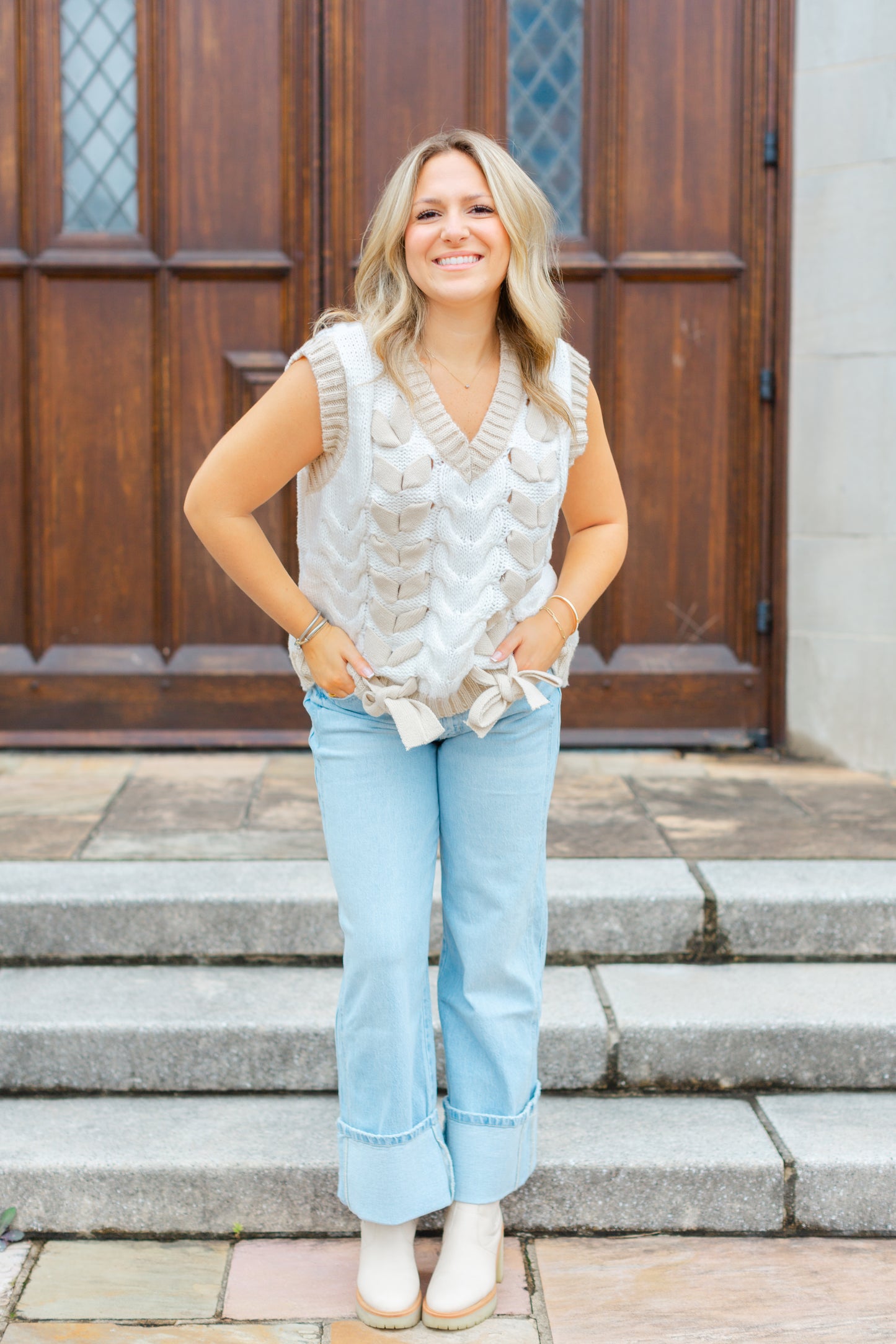 Cream Lace Up Bow Sweater Vest