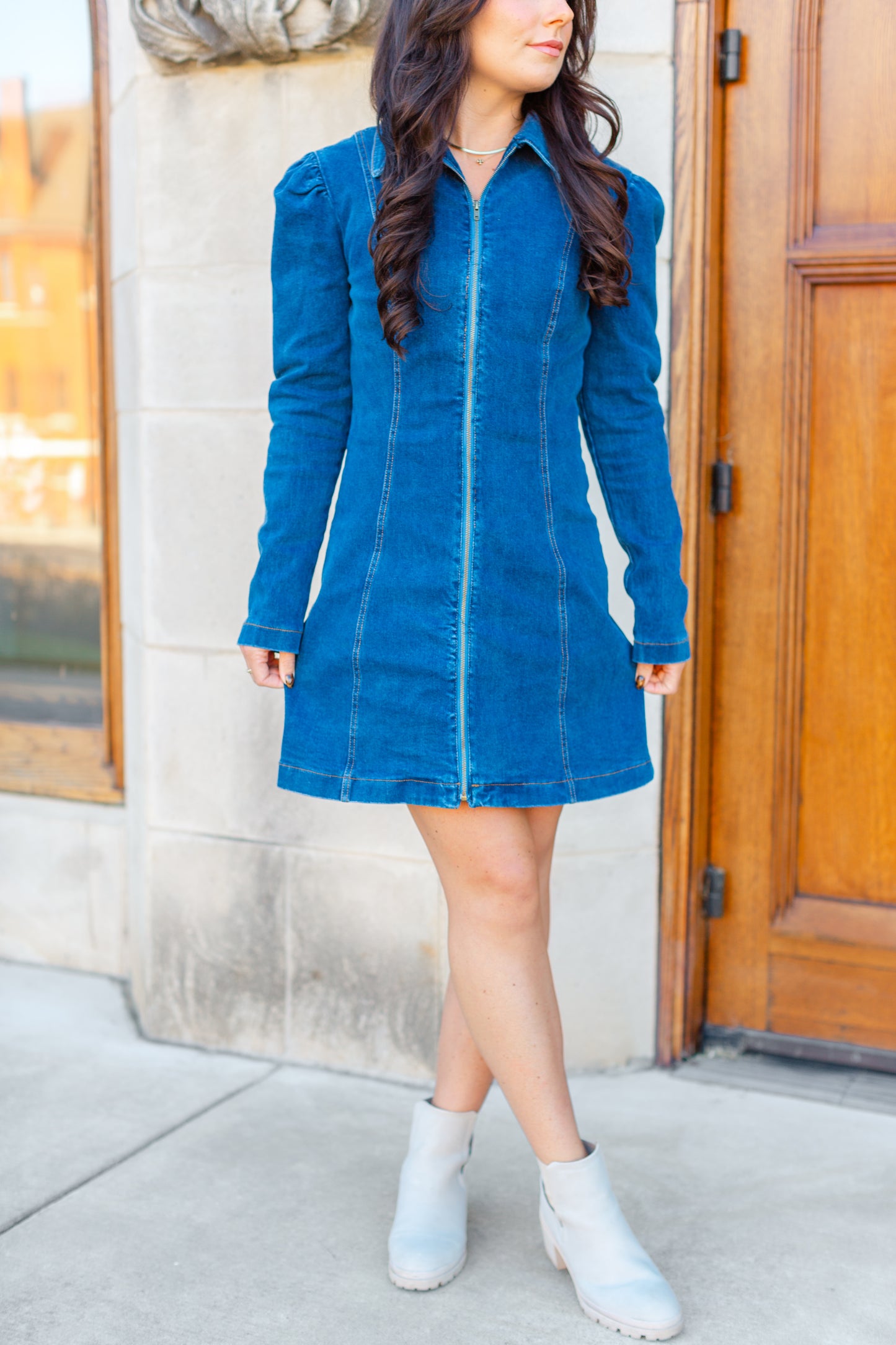 Denim Long Sleeve Zip Up Dress